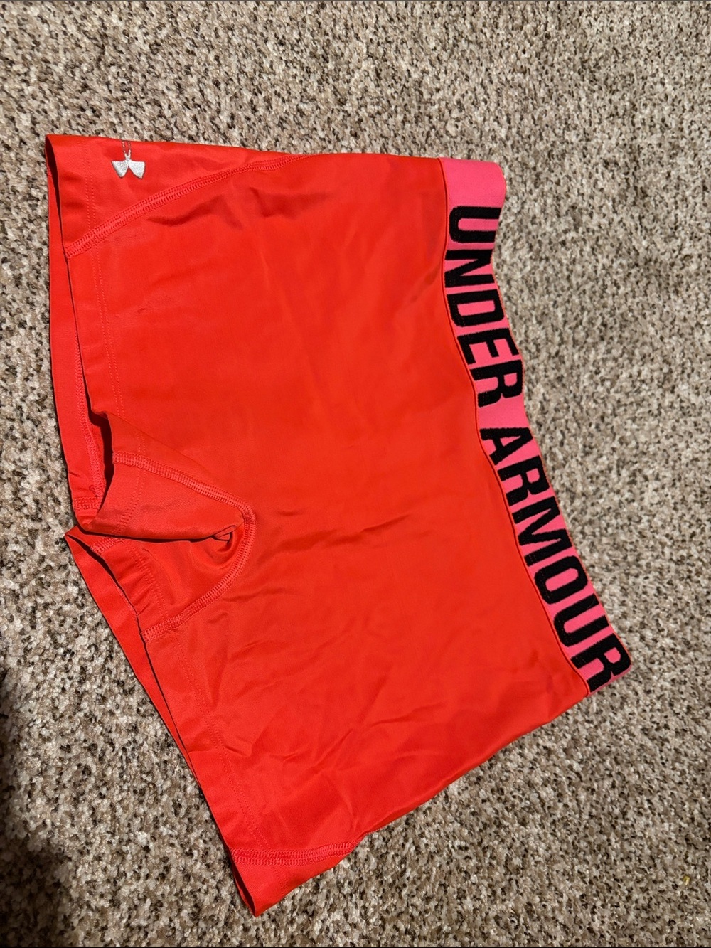 Under Armour Women's Coral-Red Athletic Shorts with Branded Waistband XS